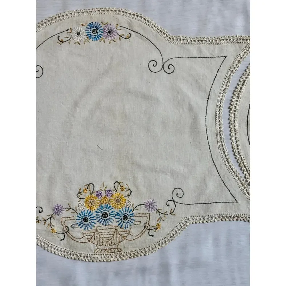 Vintage 3pc Set Embroidered Table Runner Dresser Scarf Blue Gold Floral AS IS